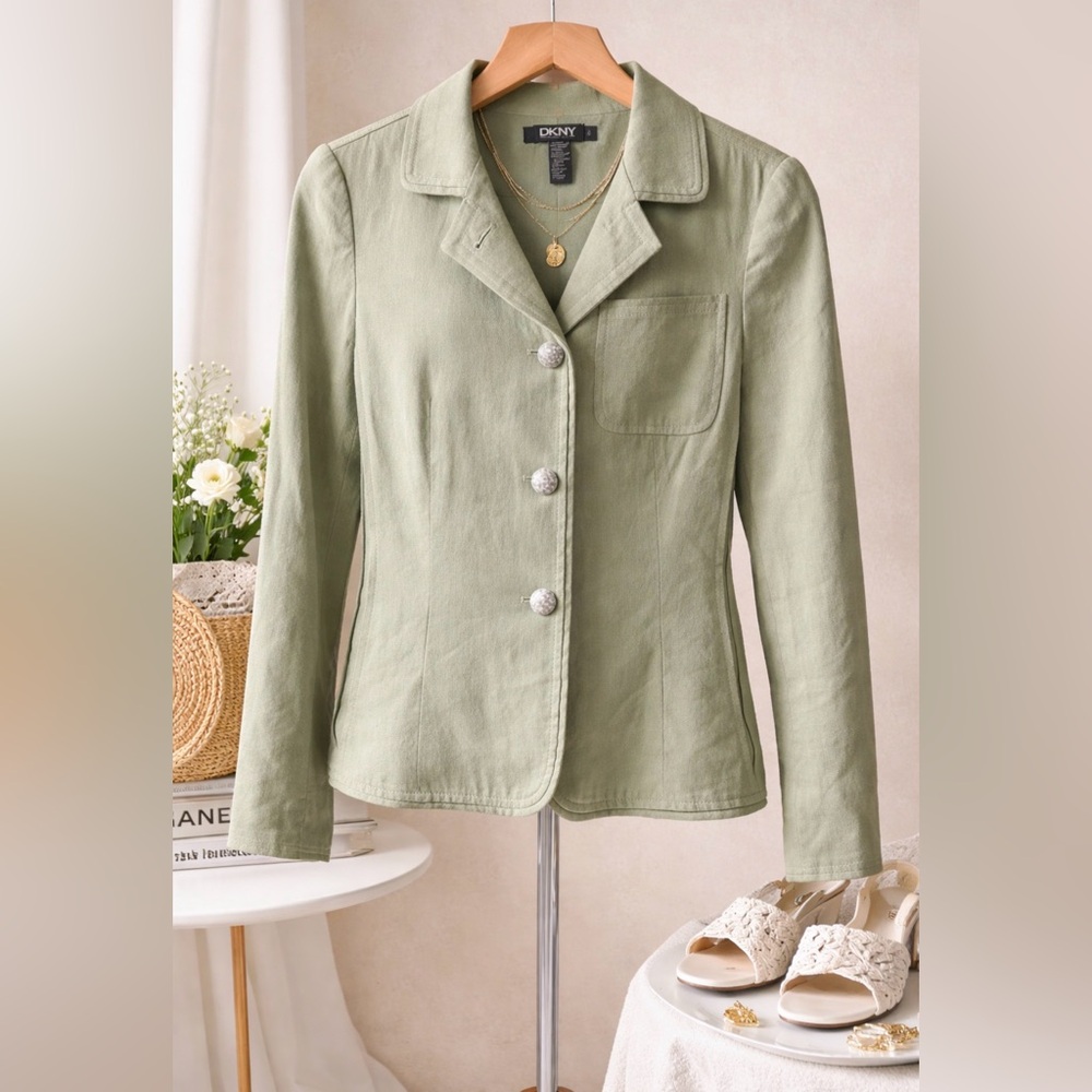DKNY Linen Blend Blazer Size 2 Light Green Tailored Minimalist Jacket